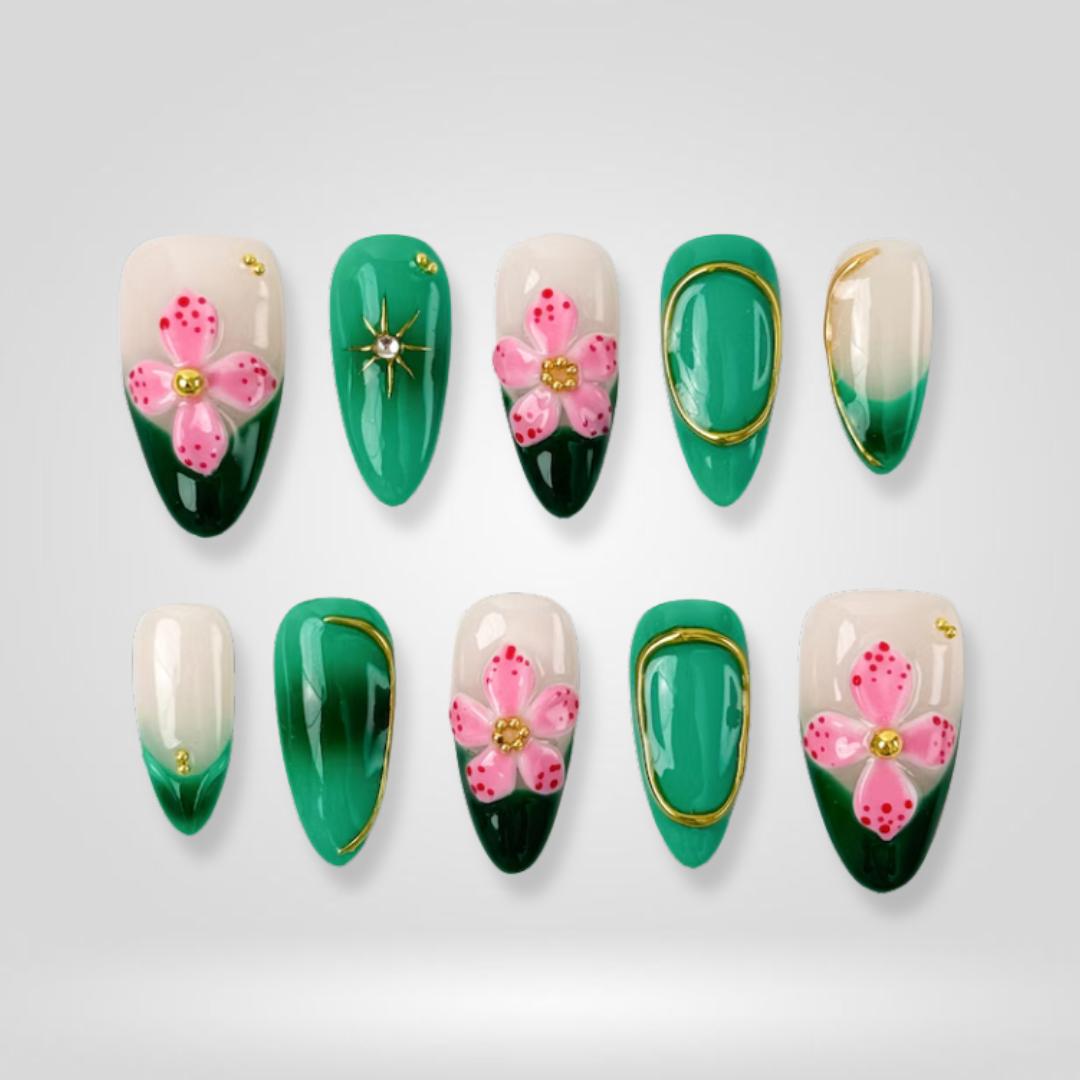 Jade Flower press-on nails