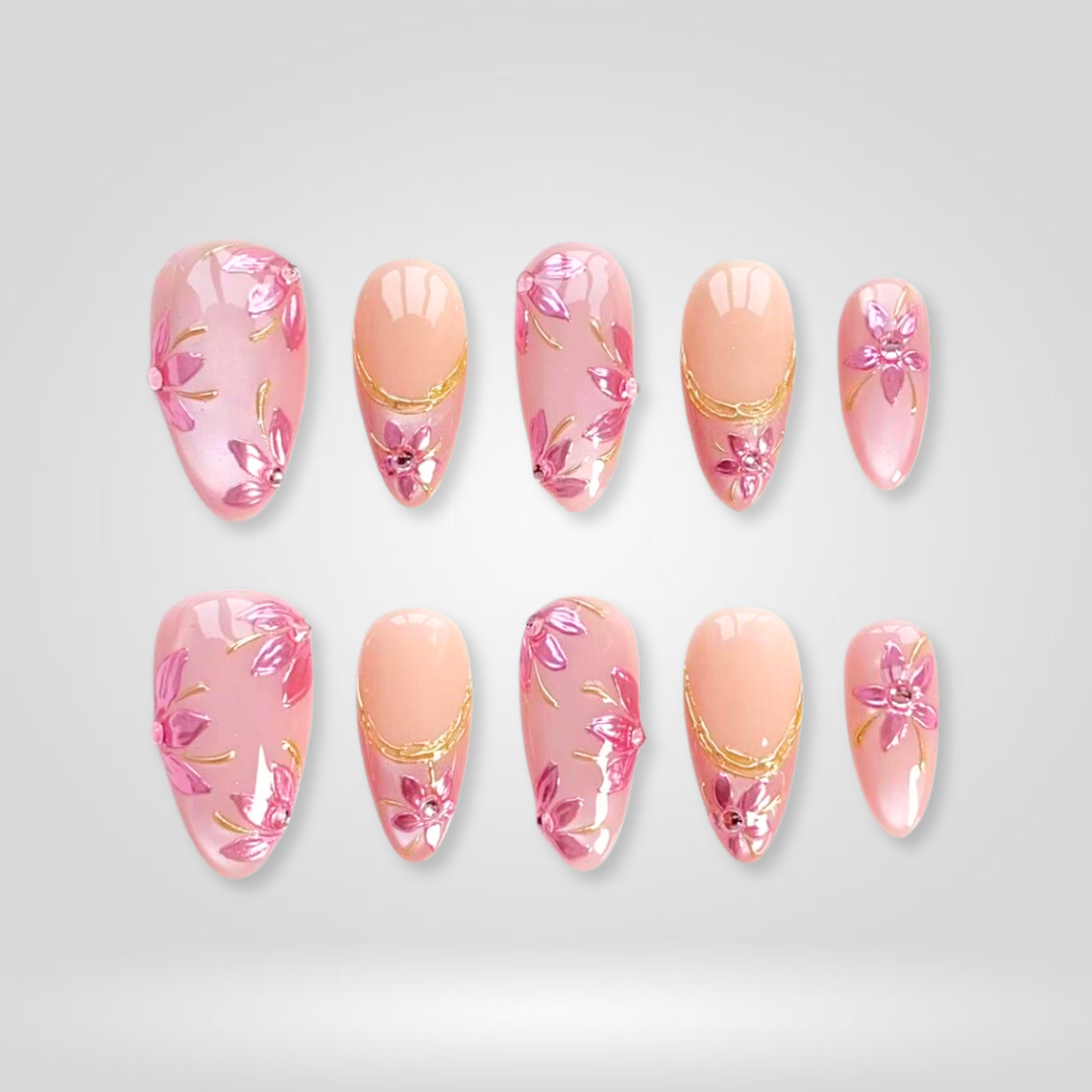 Peach Floral press-on nails