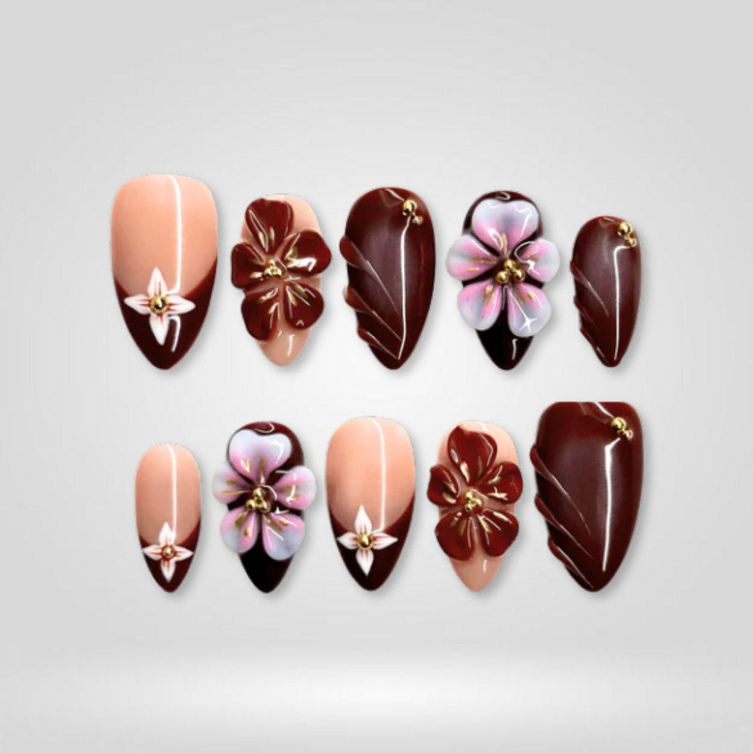 Mocha Bloom press-on nails